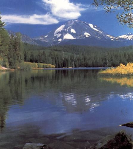 Mount Lassen with a lake in front of it